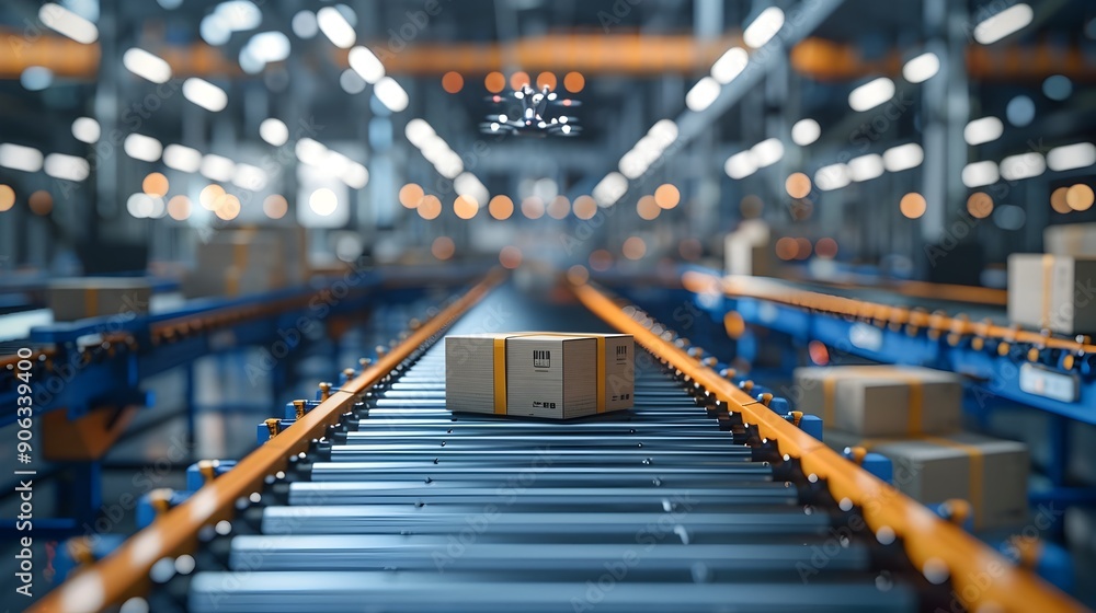 Poster high tech automated logistics center with conveyor belts package delivery drones and ai controlled