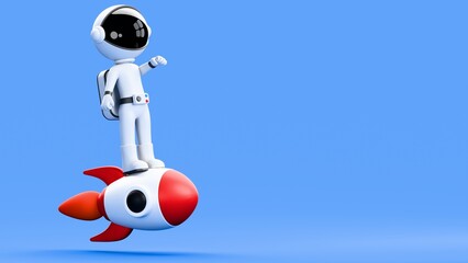 3D Render Astronaut Riding a Rocket Illustration with Blue Background