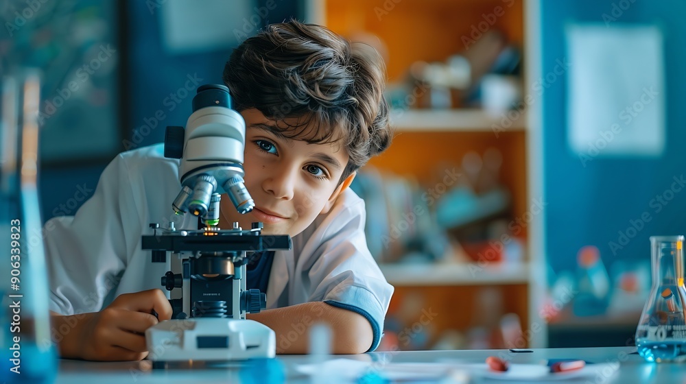 Aufkleber Composition of boy using microscope in science class with blue blurred copy space to right education and science research concept digitally generated image : Generative AI