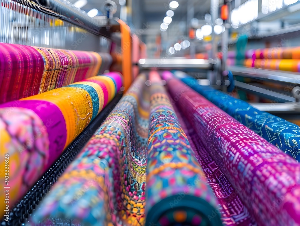 Poster vibrant textile factory with automated weaving machines producing detailed fabric patterns
