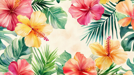 A seamless watercolor floral pattern showcasing tropical flowers and leaves in bright, cheerful colors, set against a light, neutral background.