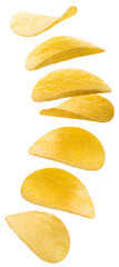 Crispy Potato chips fly in the air isolated on white background, Potato chips on white PNG File.