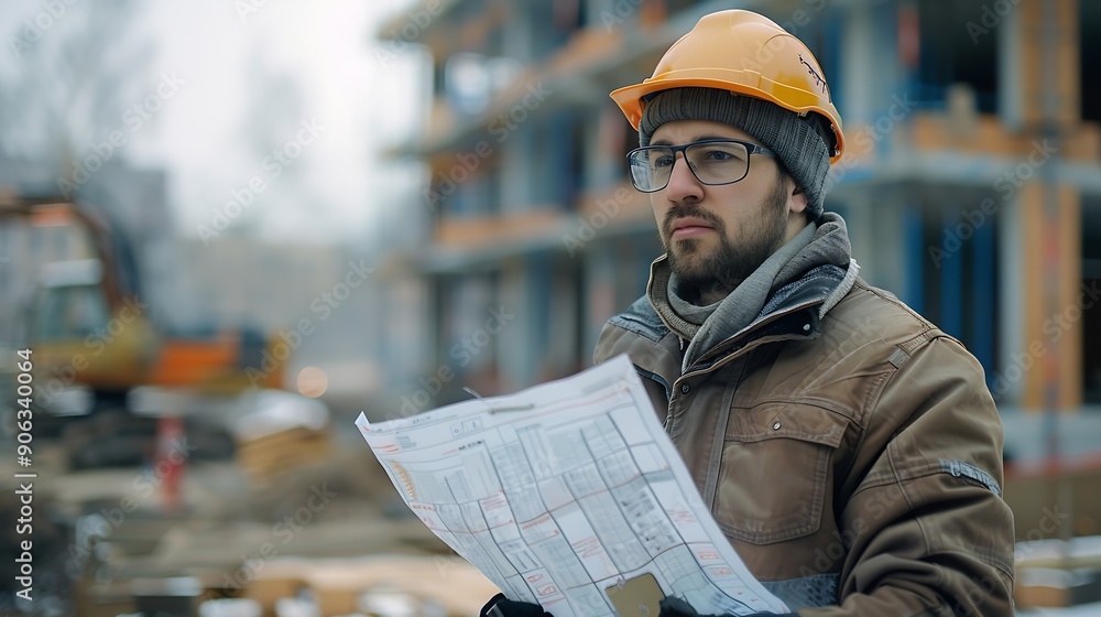 Poster Man checking work process on construction site working : Generative AI