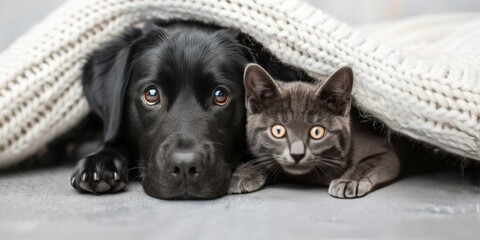 Cozy Black Dog and Gray Cat Snuggling Under a Soft Blanket at Home
