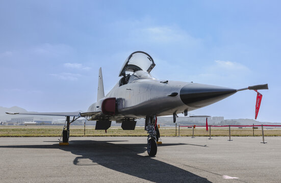 Guam-ri, Sacheon-si, Gyeongsangnam-do, South Korea - October 23, 2022: US Air Force F-5 Freedom Fighter is parked on airstrip for air show at Sacheon Airport
