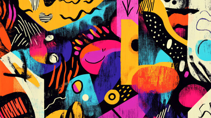 Obraz premium An engaging doodle art header filled with a mix of abstract shapes and textured patterns, using a vibrant color palette to create a dynamic design.