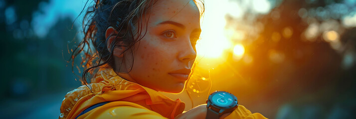 Depict person using a wearable fitness tracker to monitor their health metrics in realtime during a workout session