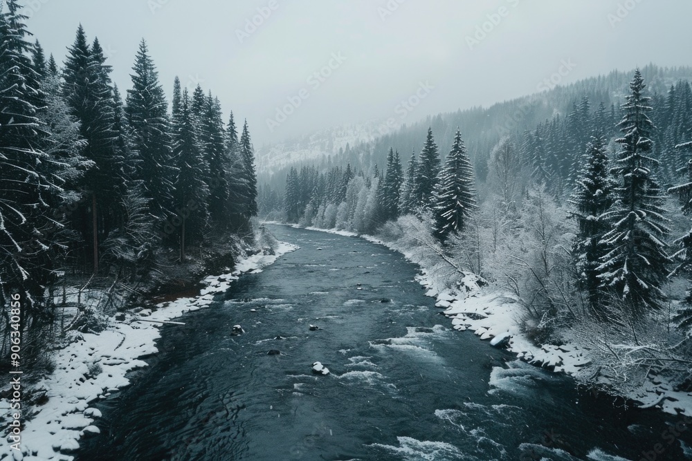 Poster river flowing through snowy forest