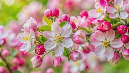 Fototapeta premium Close-up of pink and white crab apple tree flowers, spring, blooming, petals, delicate, tree, nature, blossom, garden