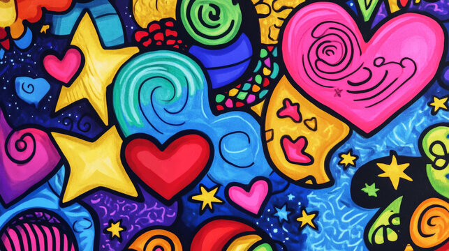 A playful doodle art header showcasing different shapes and textures, including hearts, stars, and swirls, in bright, bold colors.