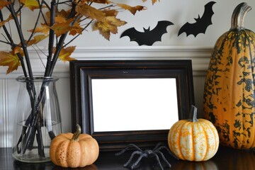 A black frame with a white background sits on a table with a vase of orange pumpkins and a spider decoration. The scene is set in a Halloween-themed room, with the pumpkin decorations