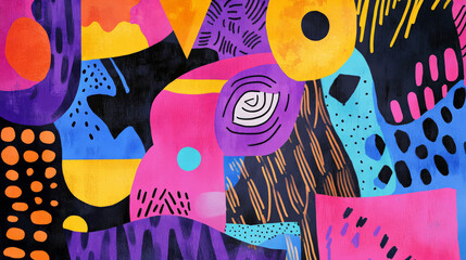 A playful doodle art header with a mix of organic and geometric shapes, using a vibrant color scheme and varied textures to create visual interest.