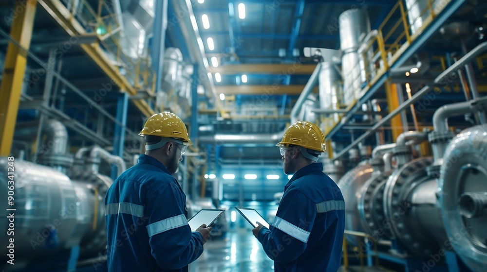 Aufkleber heavyduty industrial engineers stand in a pipeline manufacturing facility using digital tablet compu
