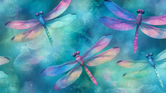 A pattern of vibrant dragonflies with iridescent wings in shades of blue, green, and pink, creating an enchanting and whimsical background.