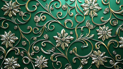 A vibrant emerald green background with intricate silver patterns. The combination of rich green and sparkling silver exudes opulence and luxury.