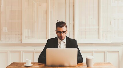 Young businessman in a suit and glasses working on a laptop at a wooden table in a modern cafe, with a cup of coffee.