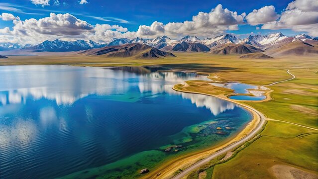 Aerial view of Song Kul, a pristine high alpine lake nestled in the Tian Shan Mountains of Kyrgyzstan