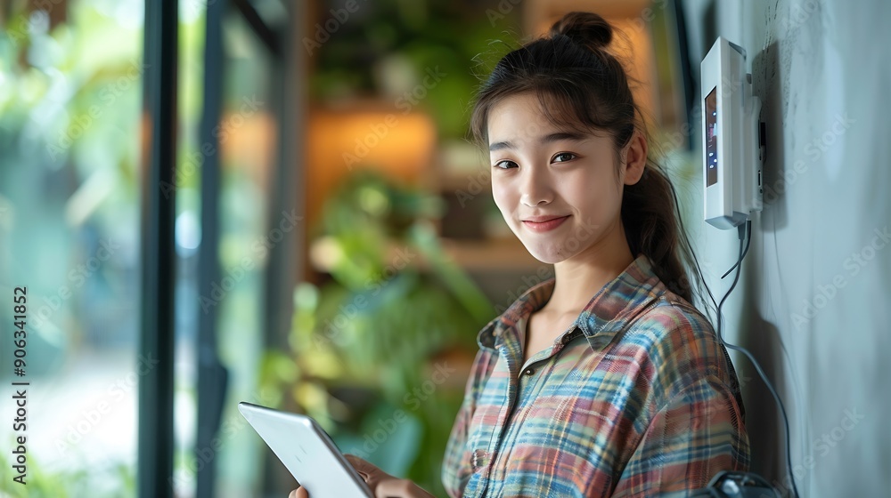 Poster daughter in her father using tablet panel application for control smart home living wireless device 