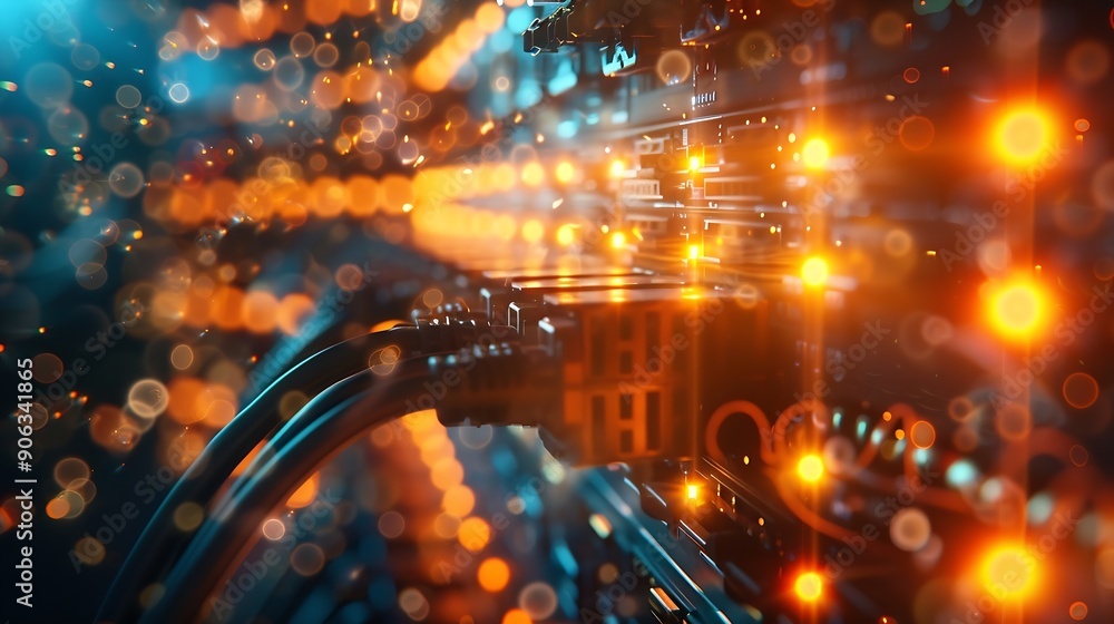 Poster blur technology data center room defocus fiber optic cable and network router switch in data center room for background and wallpaper : Generative AI