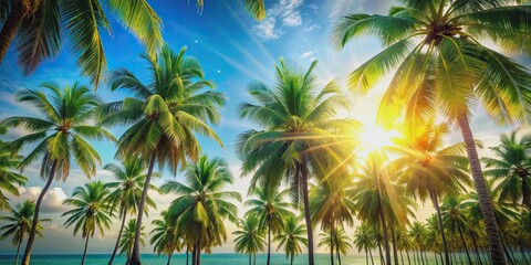 Tropical paradise scene with palm trees and sunlights creating a dreamy blur effect, Tropical, paradise, palm trees