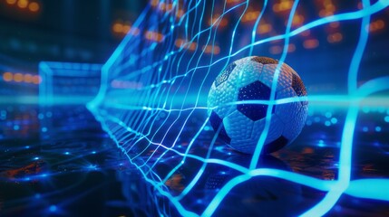 Obraz premium Dynamic 3d render of a soccer ball flying into the goal, bending the net against a blue background with flashes of light, capturing the thrilling moment of scoring in a high-energy soccer match