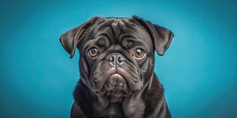 Grumpy black pug dog with adorable expression on blue background , pug, dog, black, grumpy, adorable, pet, animal, cute