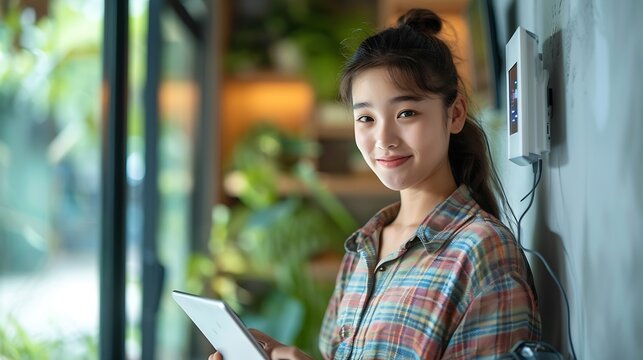 Daughter in her father using tablet panel application for control smart home living Wireless device controller for home automation IoT on the wall High quality photo : Generative AI