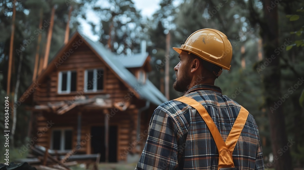 Poster Worker building wooden twostory house near the forest Man in work clothes and hard hat reviewing the construction plan The aim is to implement modern environmentallyfriendly constructi : Generative AI