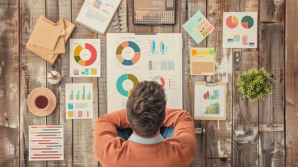A person studying various colorful financial charts and graphs laid out on a wooden desk, surrounded by office supplies and a cup of coffee.