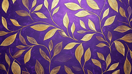 A rich purple background with intricate gold leaf patterns. The combination of royal purple and shimmering gold creates an opulent and elegant design.