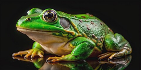 Obraz premium Close-up of a vibrant green African Bullfrog with glossy skin on black background, African bullfrog