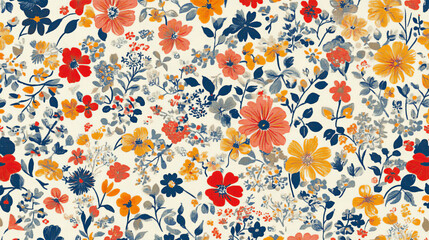 A lively floral liberty pattern with a mix of tiny flowers and leaves in bright red, yellow, and blue, set against a light beige background.