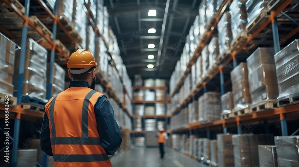 Poster Portrait of engineers workers planning and talking in empty warehouse to design the arrangement of product shelves Team foreman talk details work : Generative AI