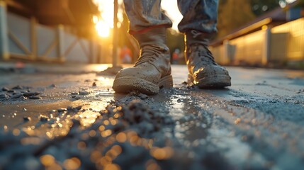 Man working on smoothing concrete driveway for the new home build at construction site Architecture and exterior structure base progress safety foundation pavement ground Real estate i : Generative AI