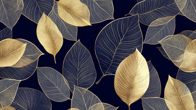 Elegant nature leaves pattern featuring intricate golden leaves on a rich navy background, exuding opulence and luxury.