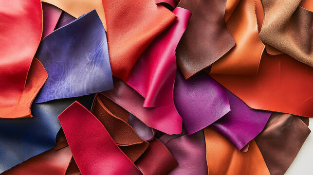 A diverse collection of colored leather pieces scattered on a white background. The colors include bright reds, deep purples, soft pinks, and classic browns, each with a different finish.