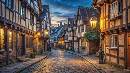 Fototapeta premium Medieval old town street lined with cobblestones, timber-framed buildings, and lanterns , medieval, old town