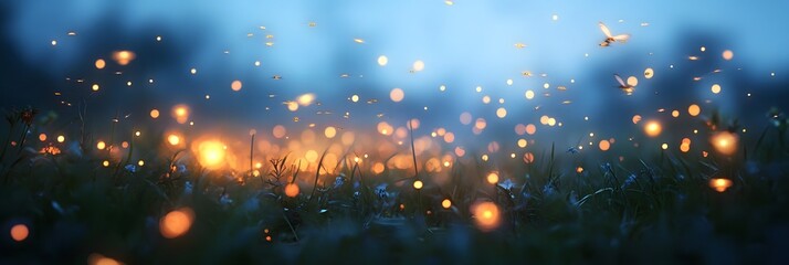 Fototapeta premium Silhouettes of fireflies flying above a meadow at dusk, with their tiny lights creating a magical and enchanting scene