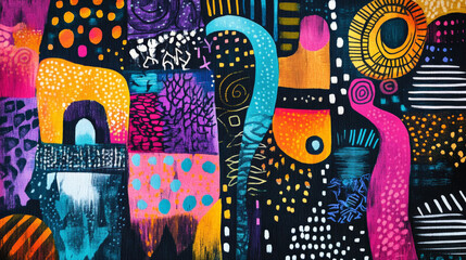 A lively doodle art header featuring a mix of geometric and organic shapes, with textured patterns in a vibrant color scheme.