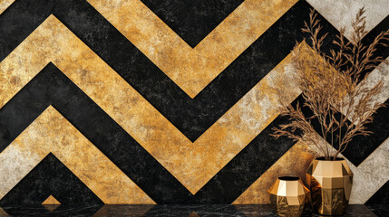A striking geometric pattern with chevron lines in bold black and gold, creating a luxurious and eye-catching design.