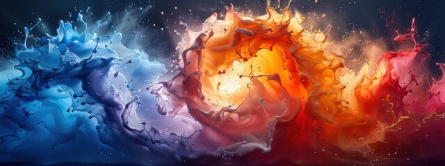 Depict the paint mixing and blending on the canvas, creating a swirling vortex of color.
