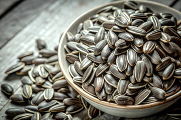 Ripe sunflower seeds in a bowl on a rustic wooden table. Focus concept.