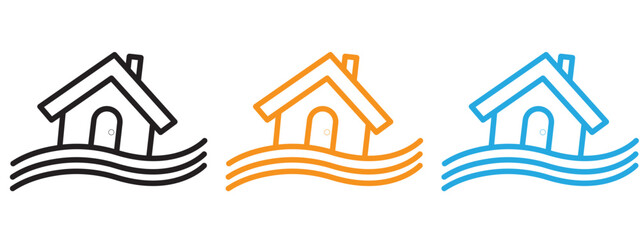 Fototapeta premium Flooded house icon Flat vector set outline