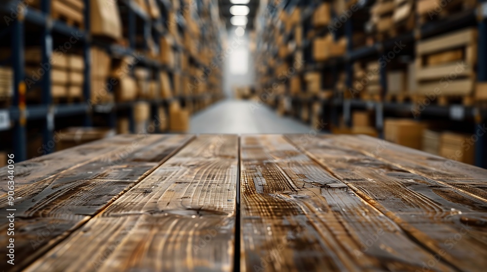 Leinwandbilder the empty wooden table top with blur background of warehouse storage exuberant image : generative ai