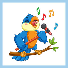 Cartoon blue bird singing on tree branch with a microphone