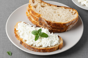 Bread with cottage cheese and mint on grey table, closeup