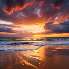 Scenic colorful sunset at the sea coast. Beautiful sunset in sea. Sun through clouds	
