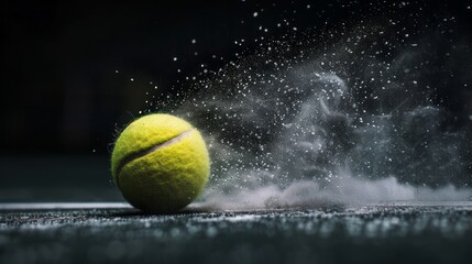 Close-up of a tennis ball impacting black background with chalk dust emission, highlighting the line hitting effect in sports photography