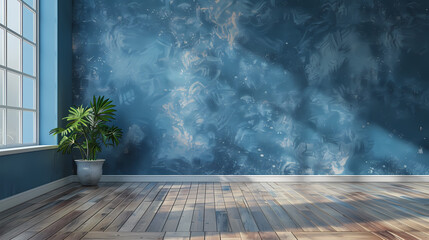 A minimalist room with a single plant in a pot in the corner, a window, and a blue wall with a unique pattern.