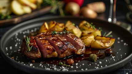 Roasted duck breast fillet on caramelized apples the dish lies on a black plate on a black background glass of red wine : Generative AI